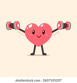 Cartoon heart character doing dumbbells weight training for design.