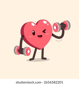 Cartoon heart character doing dumbbells weight training for design.