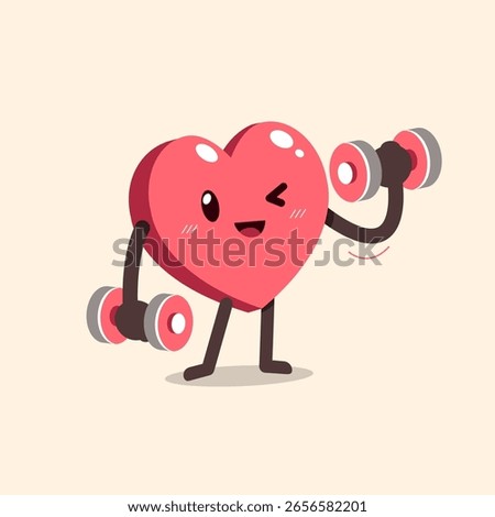 Cartoon heart character doing dumbbells weight training for design.