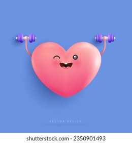 Cartoon heart character doing weight training for health. Exercise, lifting weights strengthens the heart. vector design.