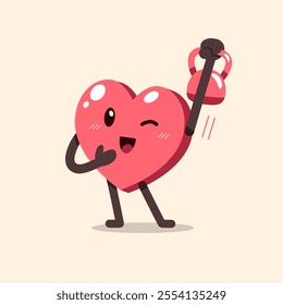 Cartoon heart character doing weight training with kettlebell for design.