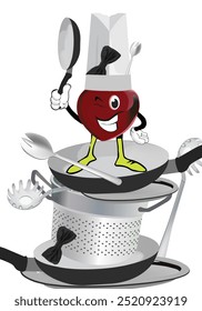 Cartoon heart character dressed as a chef winking and holding a frying pan standing on kitchen utensils