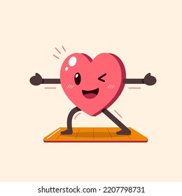 Cartoon heart character exercising on yoga mat for design.