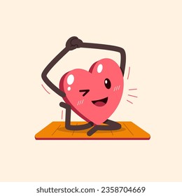 Cartoon heart character exercising on yoga mat for design.