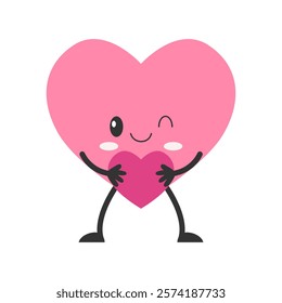 Cartoon heart character with face, hands and feet. Love symbol with heart. Vector illustration.