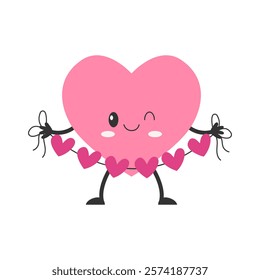 Cartoon heart character with face, hands and feet. Love symbol with heart decoration. Vector illustration.