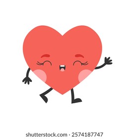 Cartoon heart character with face, hands and feet. Symbol of love. Vector illustration.