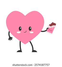 Cartoon heart character with face, hands and feet. Love symbol with chocolate bar. Vector illustration.