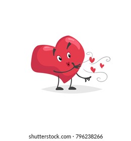 Cartoon heart character  Falling in love mascot giving air kisses  Valentine's day symbol  Love   romantic vector comic illustration 