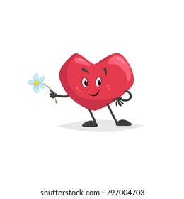 Cartoon heart character. Falling in love mascot with flower. Valentine's day symbol. Love and romantic vector comic illustration.