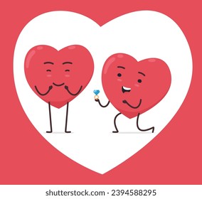 Cartoon heart character giving an engagement ring. A sweet heart with hands, feet, and emotions shows love. Vector illustration