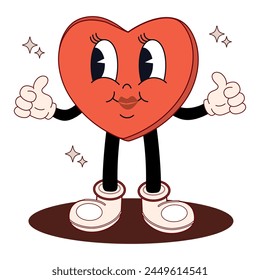 Cartoon heart character in groovy style. Vector illustration of a heart-shaped gift for Valentine's Day and birthday. Retro vector illustration for poster, card, banner.