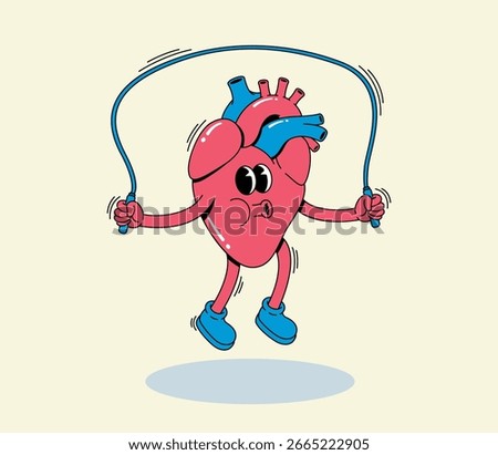 Cartoon heart character happily jumping rope, showcasing healthy lifestyle and cardiovascular fitness