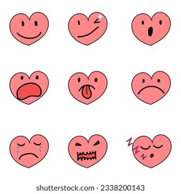 Cartoon heart character. For internet emoji stickers emoticon vector set. Isolated on white vector illustration.