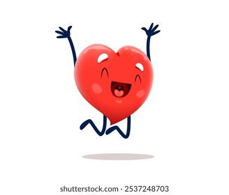 Cartoon heart character jumps up and rejoices. Isolated vector happy Valentines day love personage smile, leaps with joy, radiating happiness, spreading cheer, fun, expressing success and triumph