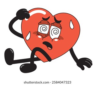 A cartoon heart character looking dizzy, exhausted, and disoriented, sweating and struggling to stay upright. 