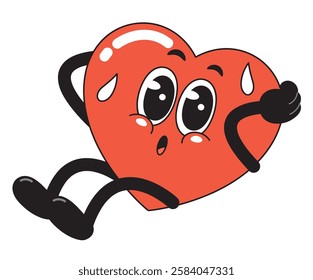 A cartoon heart character looking exhausted and sweating, symbolizing overexertion, stress, or cardiovascular strain.