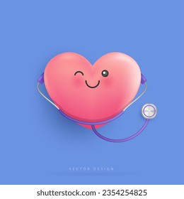 Cartoon heart character and medical doctor stethoscope for health care, hospital. pulse heartbeat. vector design.