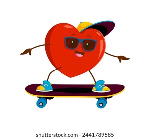 Cartoon heart character on skateboard. Isolated vector lively Valentines day personage joyfully rides a longboard, radiating love and excitement with cheerful expression, spreads positivity on wheels