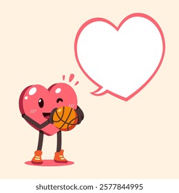 Cartoon heart character playing basketball with speech bubble for design.