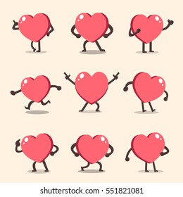 Cartoon heart character poses set