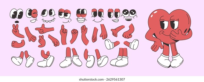 Cartoon heart character set with various facial expressions, hands, and legs in a playful comic style on a pastel background. Vector illustration