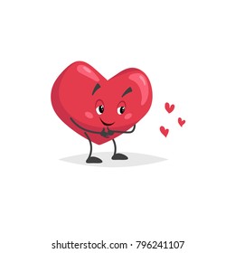 Cartoon heart character. Shy mascot looking at little hearts. Valentine's day symbol. Love and romantic vector comic illustration.
