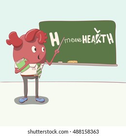 cartoon heart character stands near the blackboard