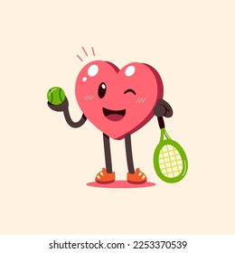 Cartoon heart character with tennis racket and ball for design.