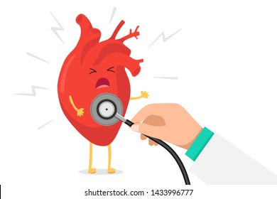 Cartoon heart character unhealthy sick emoji pain emotion and hand holding stethoscope arrhythmia check rate. Vector circulatory organ with lightning bolts heart attack illustration