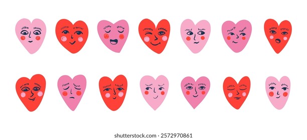 Cartoon heart characters with funny faces emoticon. Cute romantic love symbols with smiling faces, love stickers. Vector Valentine day emoji set.