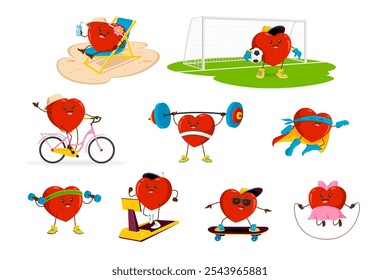 Personajes de corazón de dibujos animados y personajes de Vector de amor. Lindos corazones rojos haciendo ejercicios deportivos, montar en bicicleta, jugar al fútbol y levantar pesas, correr, saltar y tomar el sol, emoticono de fitness