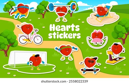 Cartoon heart characters stickers pack. Vector patches with heart personages on green summer field engaging in outdoor cardio activities, sports, relaxing and leisure, promoting healthy lifestyles