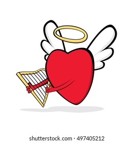 Cartoon heart cupid playing harp. Vector illustration