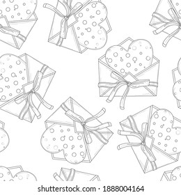 Cartoon heart in envelope with a bow for Valentine's day seamless pattern sketch template. Vector illustration in black and white for games, background, pattern, decor. Coloring paper, page, book