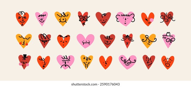Cartoon heart faces with emotions, doodle characters in retro groovy funky style. Stickers set of hand drawn round vector faces. Valentine's Day faces