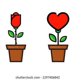 cartoon heart flower and flower rose in a pot vector set