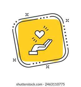 Cartoon Herz in der Hand Ikone Vektorillustration. Liebesgeschenk auf isoliertem gelben quadratischen Hintergrund. Pflegezeichen-Konzept.