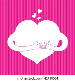 cartoon heart with hands on textile pink background