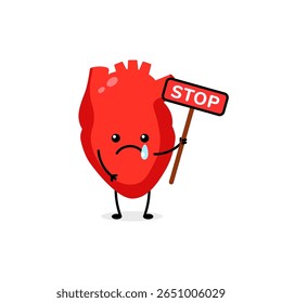 Cartoon heart holds a stop sign. it has a frown and a tear, conveying sadness or warning.