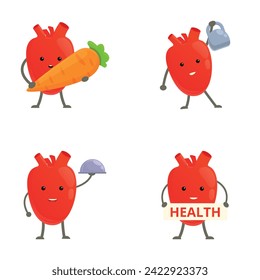 Cartoon heart icons set cartoon vector. Cute happy healthy heart organ. Cartoon character