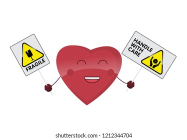 cartoon heart with labels - fragile and Handle treated with care in hands