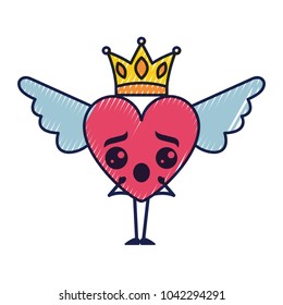 cartoon heart in love surprise kawaii wings and crown