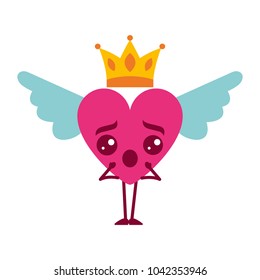 cartoon heart in love surprise kawaii wings and crown vector illustration