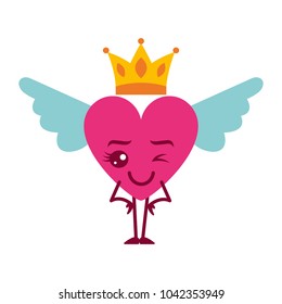 cartoon heart in love wink kawaii wings and crown vector illustration
