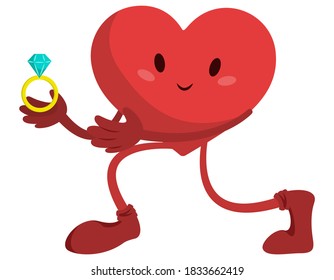 Cartoon heart making marriage proposal. Cute fictional character.