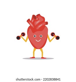 cartoon or heart mascot exercising lifting burble, suitable for use designed about health, especially international heart day