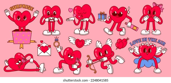 Cartoon heart mascot. Romantic valentine, love character with gift and angel cupid heart vector illustration set. Characters holding gift, bottle of champagne, ring for marriage proposal svg