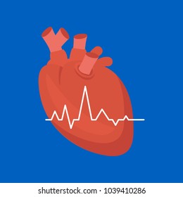 Cartoon Heart on a Blue Background Cardiovascular System Concept of Diagnostics and Warning Signs Flat Design Style . Vektorgrafik