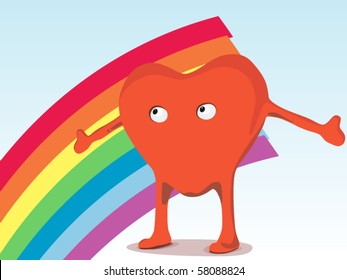Cartoon heart with rainbow vector illustration
